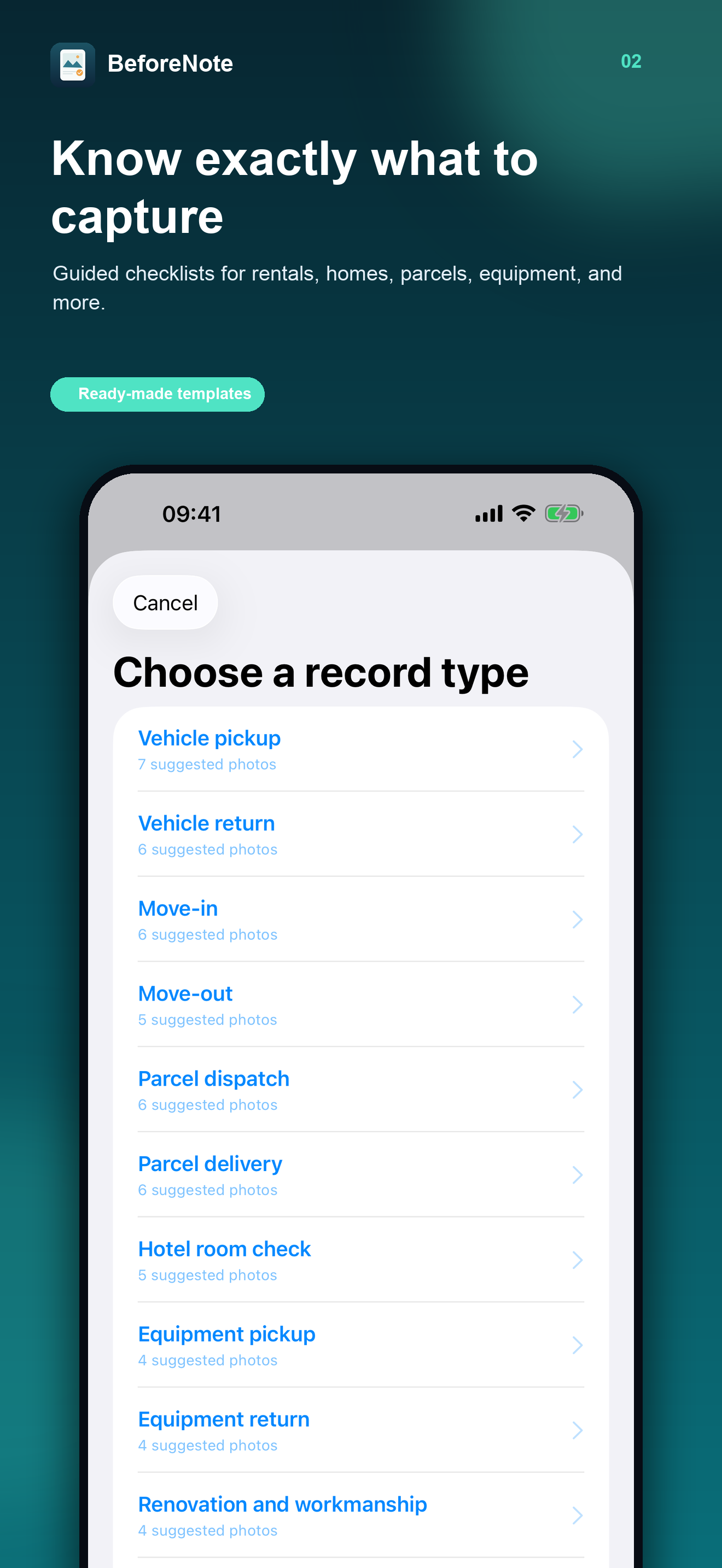 BeforeNote's guided record templates on iPhone