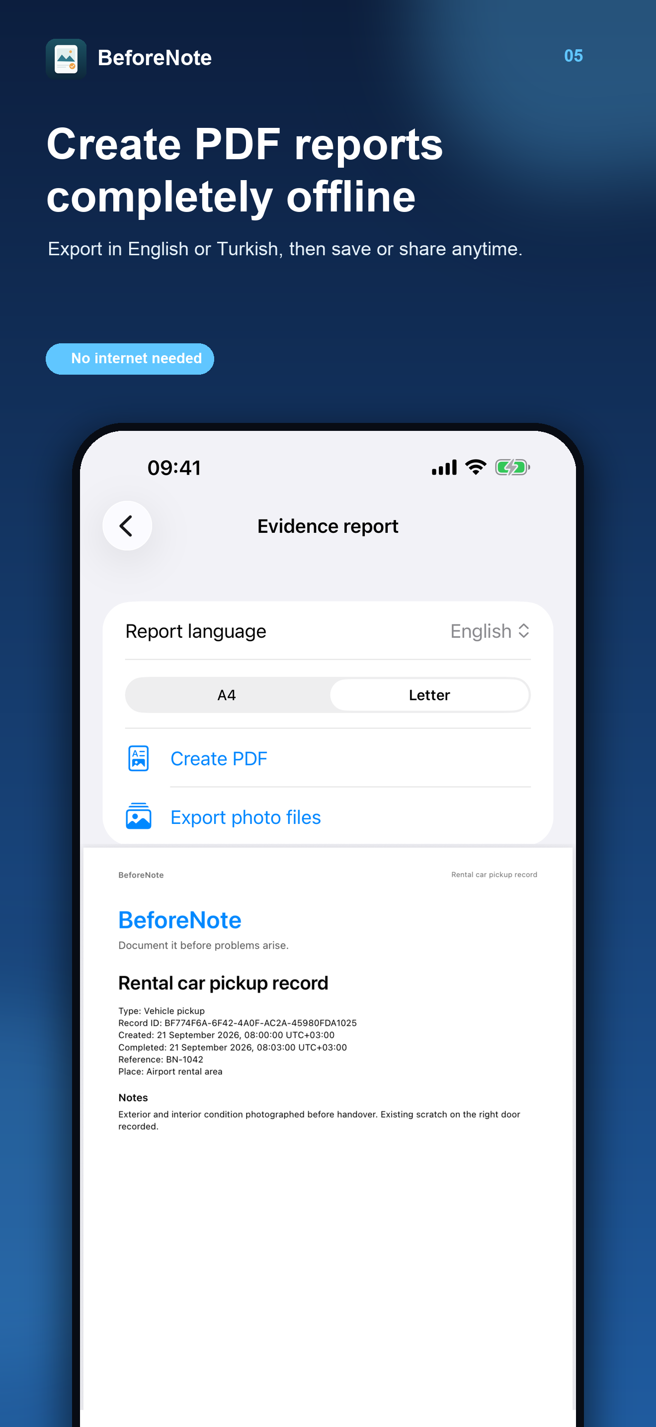 BeforeNote's offline PDF report screen