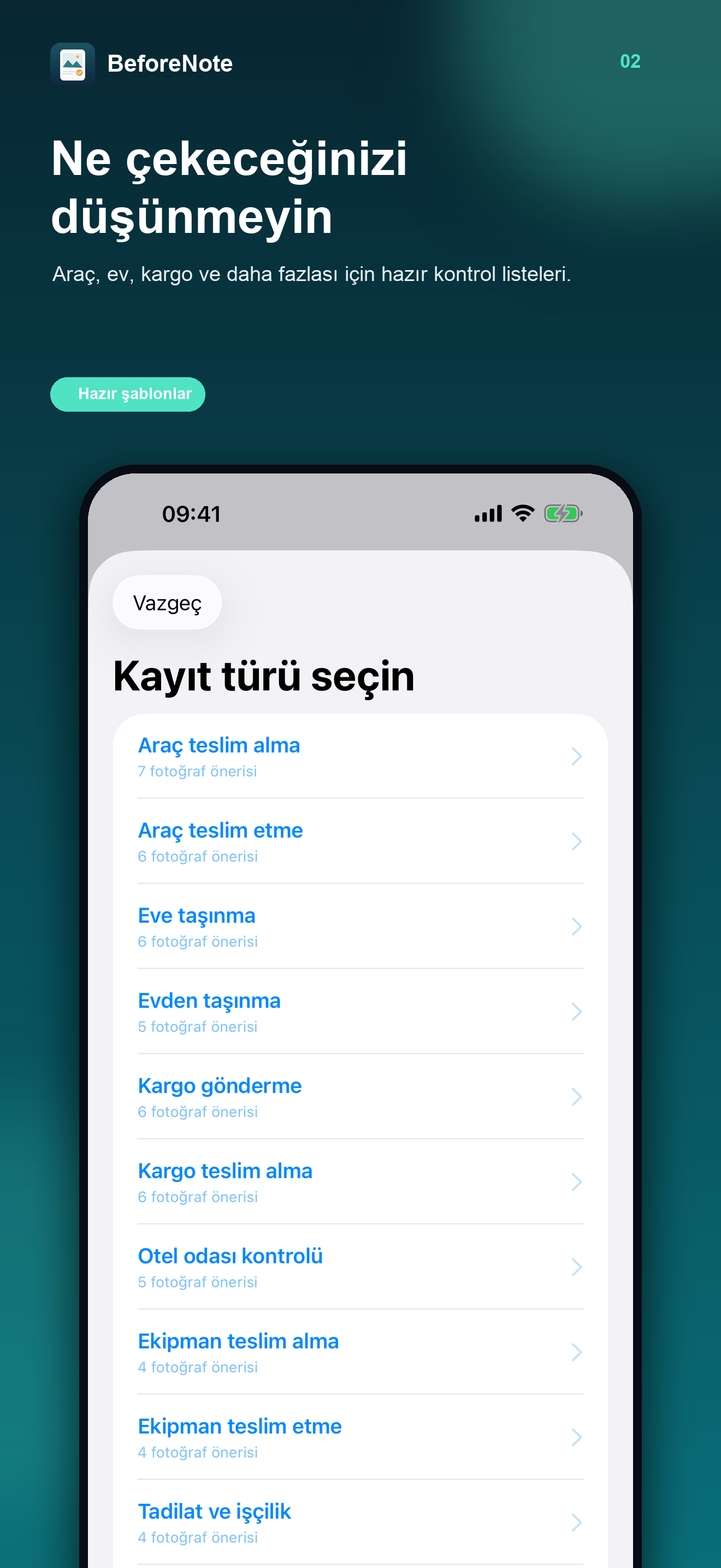 BeforeNote araç teslim alma fotoğraf şablonu